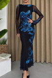 Black Elegant Print Patchwork O Neck Long Dresses