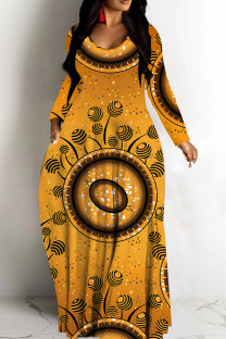 Earth Yellow Casual Print Basic V Neck Long Dresses