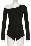 Cyan Sexy Solid Color Hollow Out Patchwork Ruched Strap Design Oblique Collar Loose Rompers