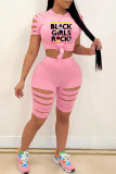 Pink Fashion Casual Letter Print Ripped O Neck Short Sleeve Two Pieces