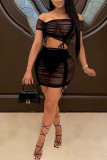 Black Sexy Solid Draw String See-through Mesh Off the Shoulder Short Sleeve Two Pieces