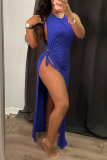 Yellow Sexy Solid High Opening O Neck Irregular Dress Dresses
