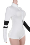 White Sexy Stripe Patchwork Zipper Zipper Collar Skinny Rompers