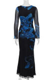 Black Elegant Print Patchwork O Neck Long Dresses