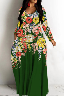 Dark Green Casual Print Basic V Neck Long Dresses