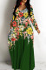 Dark Green Casual Print Basic V Neck Long Dresses