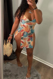 Orange Sexy Print Slit Spaghetti Strap A Line Dresses