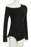 Cyan Sexy Solid Color Hollow Out Patchwork Ruched Strap Design Oblique Collar Loose Rompers