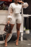 White Sexy Solid Mesh Long Sleeve Two Pieces