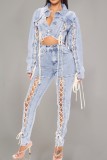 Sky Blue Casual Solid Color Belted Turndown Collar Long Sleeve Regular Denim Jacket