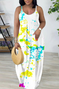 White Casual Print Backless Spaghetti Strap Long Dresses