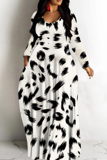 Cream White Casual Print Basic V Neck Long Dresses