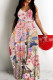 Peach Casual Print Backless Spaghetti Strap Long Dresses