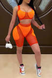 Orange Sexy Solid Mesh Square Collar Sleeveless Two Pieces