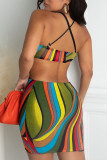 Multicolor Fashion Sexy Print Hollowed Out Backless Spaghetti Strap Sleeveless Dress