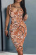 Orange Brown Casual Floral Print Basic U Neck Vest Dresses