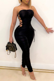 Orange Sexy Solid Hollowed Out Strapless Skinny Jumpsuits