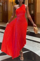 Red Casual Solid Color Hollow Out Backless Ruched Oblique Collar Long Dresses