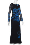 Black Elegant Print Patchwork O Neck Long Dresses