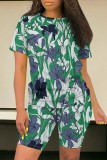 Blue Casual Print Basic O Neck Short Sleeve Two Pieces
