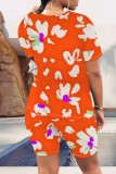 Blue Casual Print Basic O Neck Short Sleeve Two Pieces