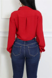 Red Casual Solid Color Pocket Buttons Shirt Collar Tops