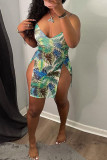 Orange Sexy Print Slit Spaghetti Strap A Line Dresses