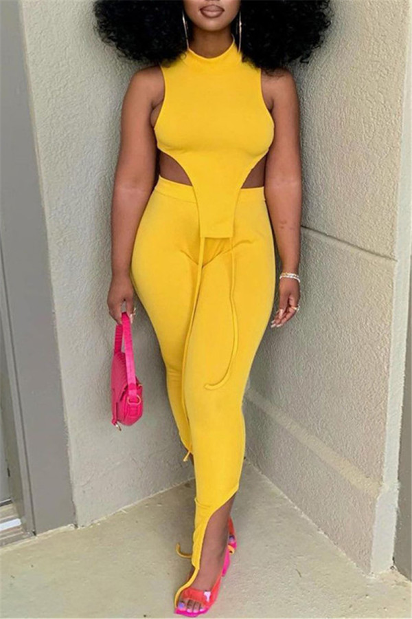 Yellow Fashion Casual Solid Vests Asymmetrical Half A Turtleneck Sleeveless Two Pieces