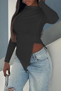 Black Casual Solid Color Irregular O Neck Tops