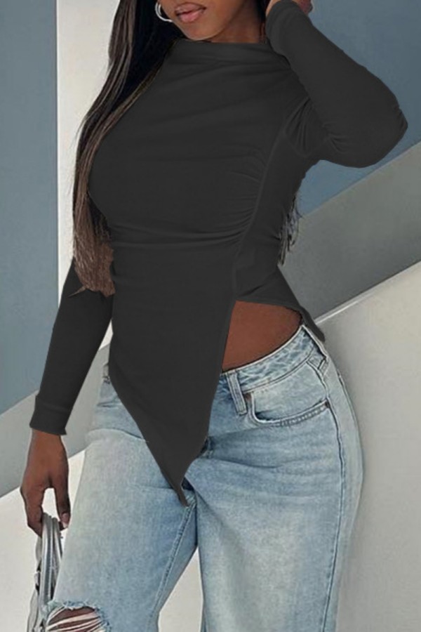 Black Casual Solid Color Irregular O Neck Tops