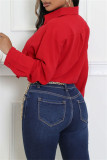 Red Casual Solid Color Pocket Buttons Shirt Collar Tops