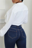 Red Casual Solid Color Pocket Buttons Shirt Collar Tops