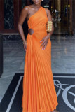 Red Casual Solid Color Hollow Out Backless Ruched Oblique Collar Long Dresses