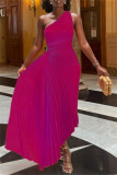 Red Casual Solid Color Hollow Out Backless Ruched Oblique Collar Long Dresses