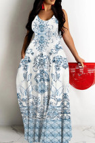 White Blue Casual Print Backless Spaghetti Strap Long Dresses