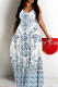 White Blue Casual Print Backless Spaghetti Strap Long Dresses