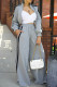 Grey Casual Stripe Pocket Patchwork Zipper Zipper Collar Long Sleeve Two Pieces