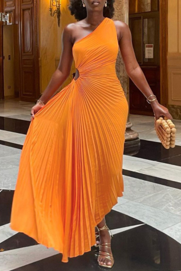 Orange Red Casual Solid Color Hollow Out Backless Ruched Oblique Collar Long Dresses