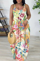 Beige Casual Print Backless Spaghetti Strap Long Dresses