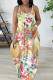 Beige Casual Print Backless Spaghetti Strap Long Dresses
