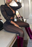 Black Casual Solid Pocket See-through Turndown Collar Long Sleeve Two Pieces