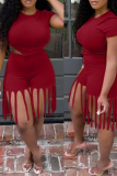 Rose Red Sexy Solid Tassel O Neck Short Sleeve Two Pieces