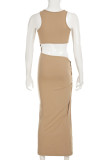 Black Elegant Solid Color Hollow Out Patchwork O Neck Long Dresses