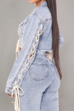Sky Blue Casual Solid Color Belted Turndown Collar Long Sleeve Regular Denim Jacket
