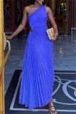 Red Casual Solid Color Hollow Out Backless Ruched Oblique Collar Long Dresses