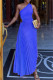 Blue Casual Solid Color Hollow Out Backless Ruched Oblique Collar Long Dresses