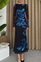 Black Elegant Print Patchwork O Neck Long Dresses