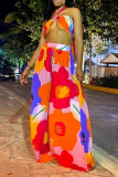 Multi-color Sexy Print Patchwork Off the Shoulder Sleeveless Two Pieces