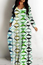 Green Casual Print Basic V Neck Long Dresses