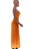 Red Casual Solid Color Hollow Out Backless Ruched Oblique Collar Long Dresses
